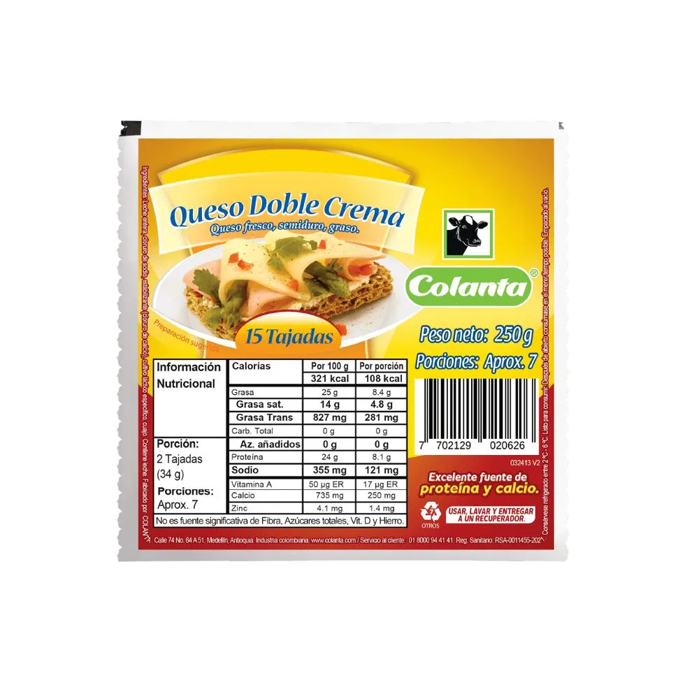 COLANTA Queso Doble Tajado x250g refrigerado