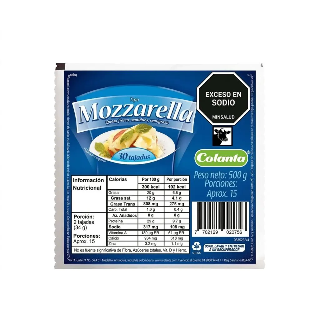 COLANTA Queso Mozzarella Tajado x500g refrigerado