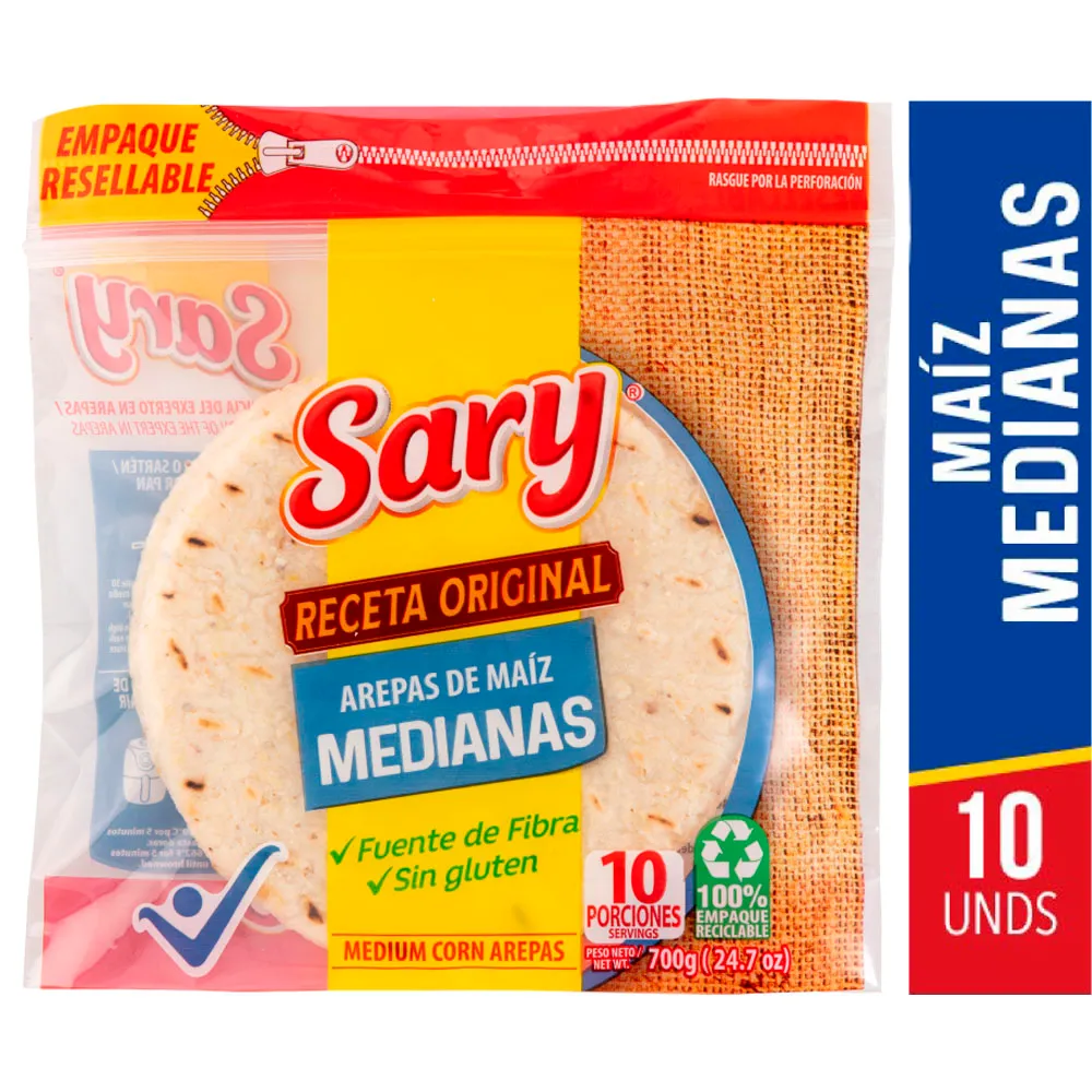 SARY Arepas Maiz Medianas x10und x700g refrigerado SARY Arepas Maiz Medianas x10und x700g refrigerado